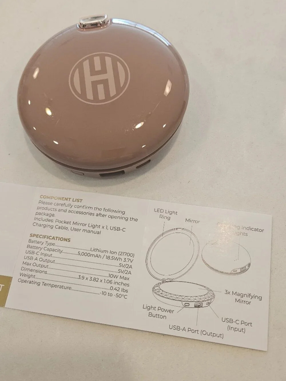 HALO Power Bank 3-in-1 Light Mirror Power Bank Compact w/ Charging Cable - Taupe